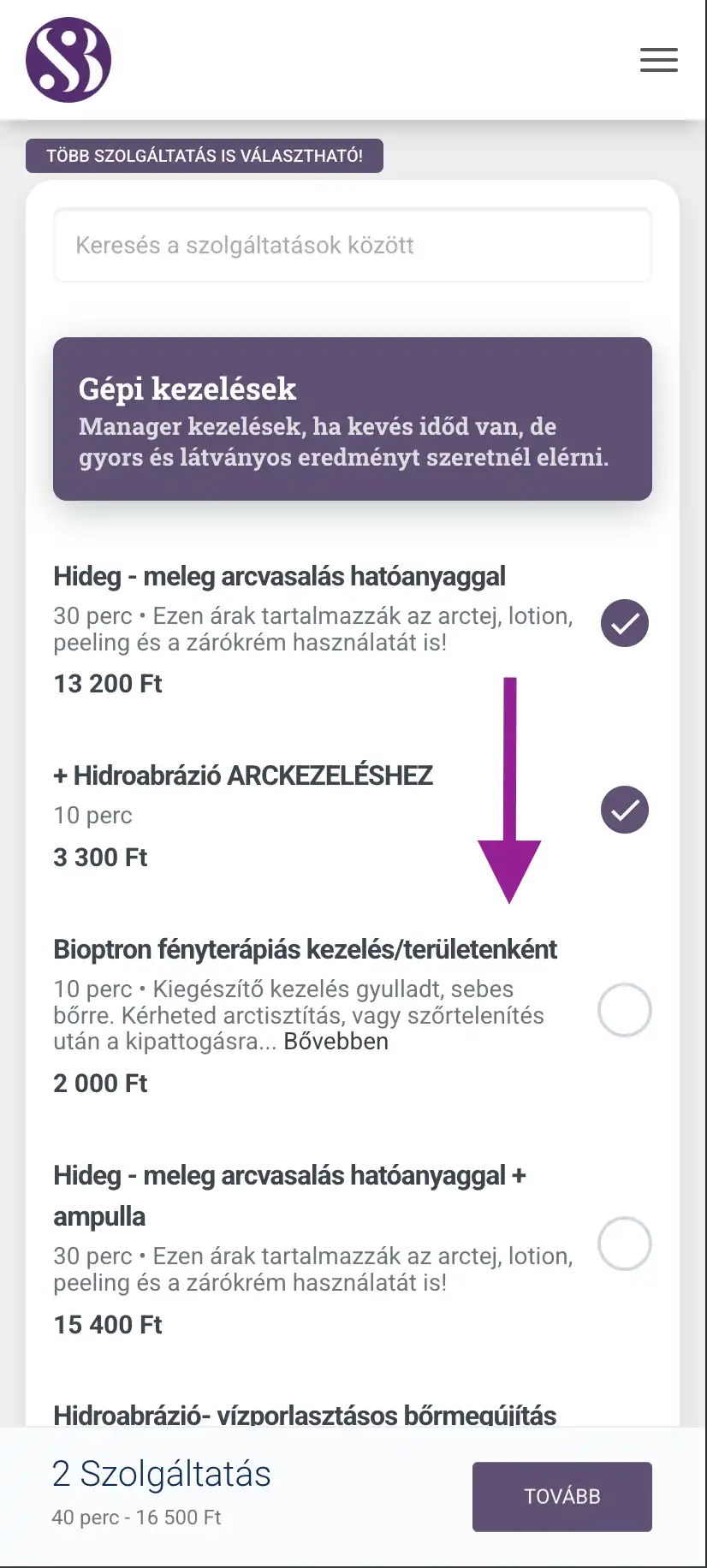Salonci szolgáltatások kiválasztása tovább gombbal